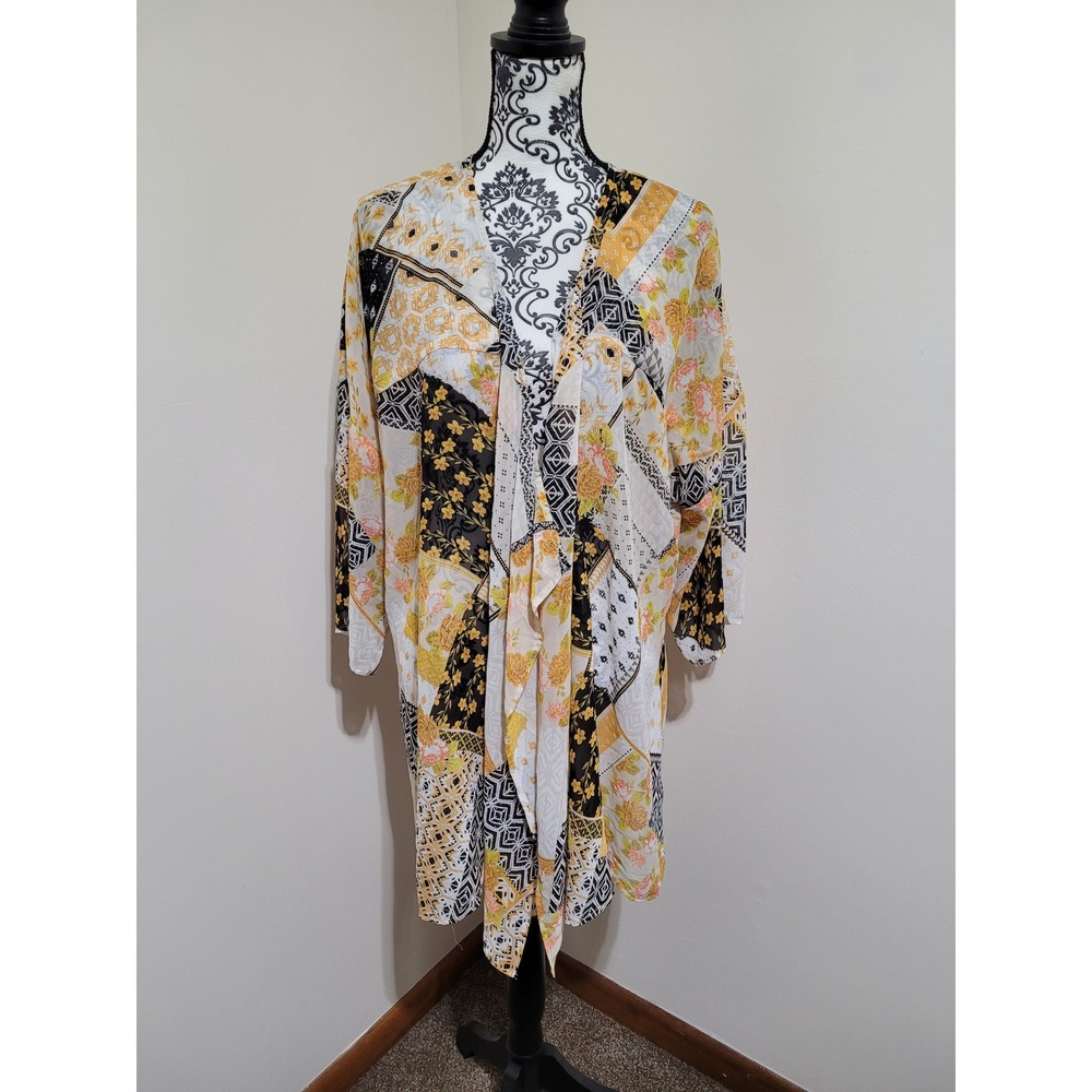 Mixed‎ Floral Geometric Patchwork Kimono Cardigan Yellow Black White OS